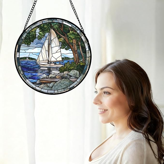 QZQCBLC Stained Glass Window Hanging Blue Ocean White Sailboat 7.8" - Nature Suncatcher Door Garden Sun Catcher Home Decor Birthday Christmas for Woman Mom Men Friend Nana