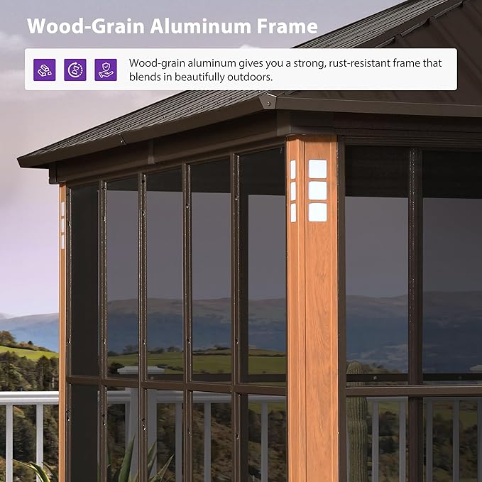 PURPLE LEAF 12' X 20' Outdoor Sunroom Hardtop Gazebo with Enclosed Solarium Galvanized Metal Roofs Patio Wood Grain Aluminum Frame with Screens and Doors for Hot Tub Garden House Bronze