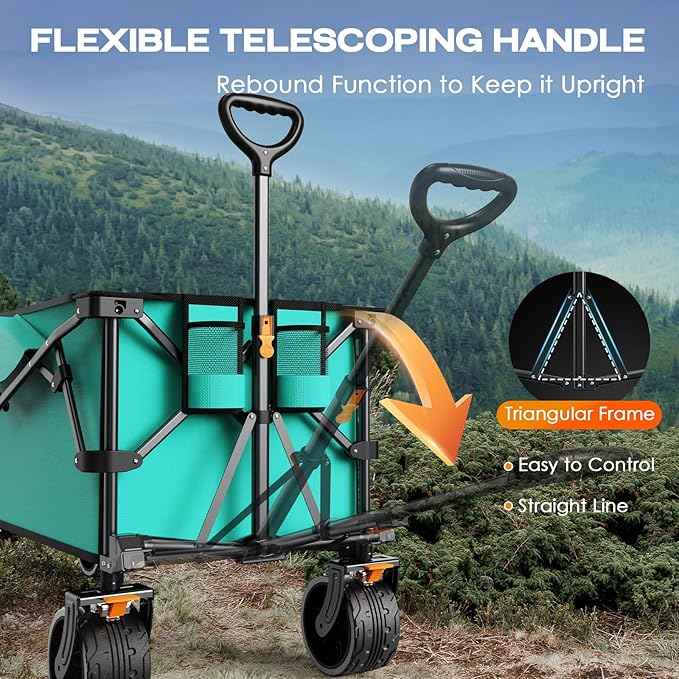 Navatiee 300L Collapsible Wagon Cart Foldable Extra Large, 48''L Folding Extended Beach Wagon with 440LBS Weight Capacity and Big All-Terrain Wheels, Heavy Duty Utility Garden Cart for Sports Outdoor