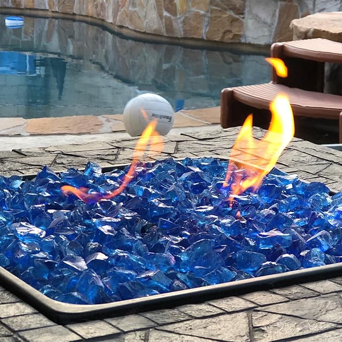 GRISUN Pacific Ocean Blue Fire Glass for Fire Pit, 10 Pounds 1/2 Inch Tempered Glass Rocks for Natural or Propane Fireplace, Safe for Outdoors and Indoors Firepit Glass