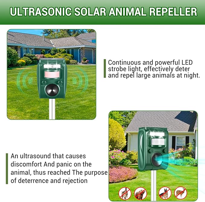 Solar Ultrasonic Animal Repellent Outdoor,Motion Detection & LED Flashing Strobes,Deer Repellent Devices Squirrel Cat Skunk Rabbit Raccoon Deterrent,Keep Critter Coyote Away Yard, Farm, Garden(Green)