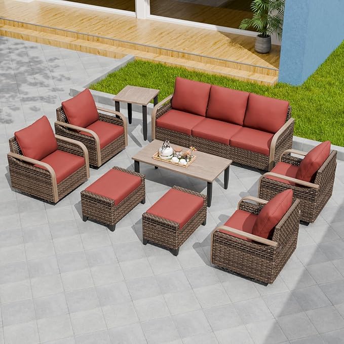 EAGLE PEAK Modern Wicker Outdoor Patio Furniture Set, Patio Conversation Set, 4 Swivel Rocker Chairs, 3-Seat Loveseat, 2 Ottomans, Coffee Table and Side Table, 9 Pieces, Brown/Red
