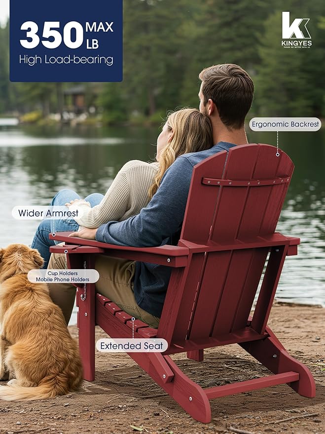 KINGYES Folding Adirondack Chair Set of 8, Dual Cup Holders & All-Weather HDPE, Wood-Like Patio Chair for Backyard, Camping, Pool & Fire Pit, Dark Red