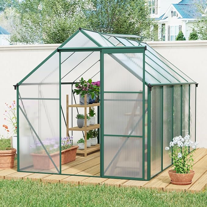 6×10 FT Polycarbonate Greenhouse for Outdoors with Raised Base & Anchor, Heavy-Duty Walk-in Aluminum Green House Kit with Sliding Door & Roof Vent, Outdoor Greenhouse for Backyard Garden, Green