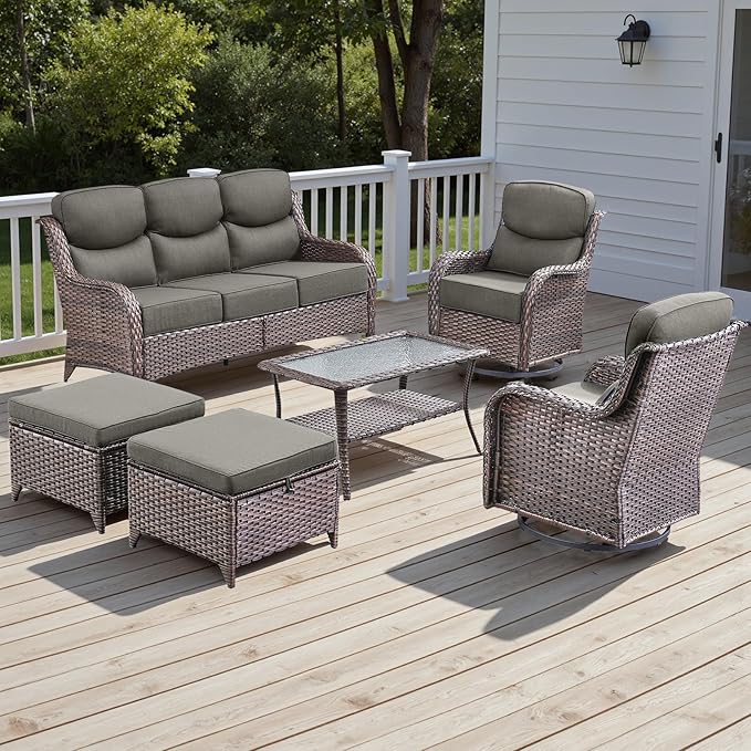 Rilyson Wicker Outdoor Patio Furniture Set - 6 Piece Patio Conversation Sets with Swivel Rocker Chairs, Ottomans, Sofa and Table, 6 inch Cushions, Deep Seating, for Porch Deck Brown/Grey