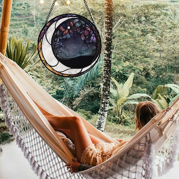JOSUMALY Stained Glass Window Hanging - Black and White Moon Sun Catcher for Door Terrace Garden Home Decor, Abstract Plant Flower Suncatcher Birthday Gifts for Lovers Women Men Dad Mom Nana 11.8 in