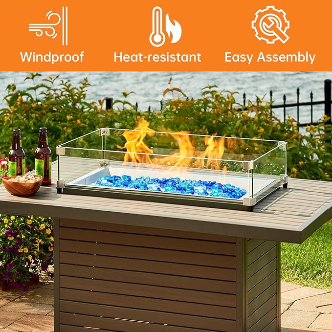 Fire Pit Wind Guard, 31.5" x 14.5" Square Tempered Glass Wind Shield for Firepit & Fire Table, Thick Glass and Easy Installation with Included Tools, Airflow Management for Stable Flame