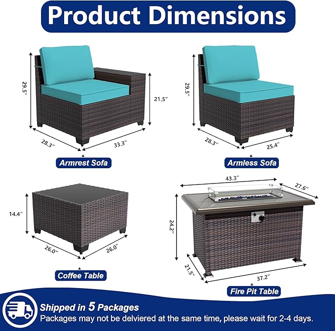 Outdoor Patio Furniture Set with Gas Fire Pit Table, 7 Pieces Patio Furniture Set Outdoor Sectional Sofa w/43in Propane Fire Pit, PE Wicker Rattan Patio Conversation Sets（Blue）.