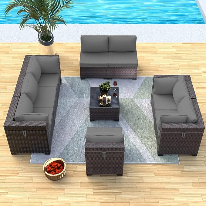 Outdoor Patio Furniture Set, 9 Pieces Outdoor Sectional Furniture Patio Set, All-Weather PE Rattan Patio Conversation Set with Tempered Glass Top Table & Cushions-Grey