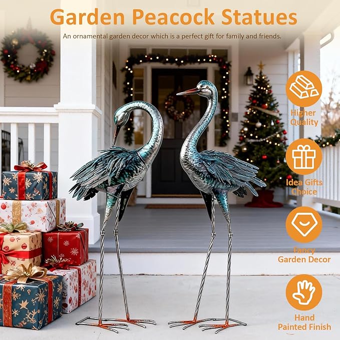Kircust Garden Crane Statue for Outdoor, Blue Heron Decoy Garden Sculptures and Statues, Metal Bird Yard Art for Lawn Patio Decor, Set of 2