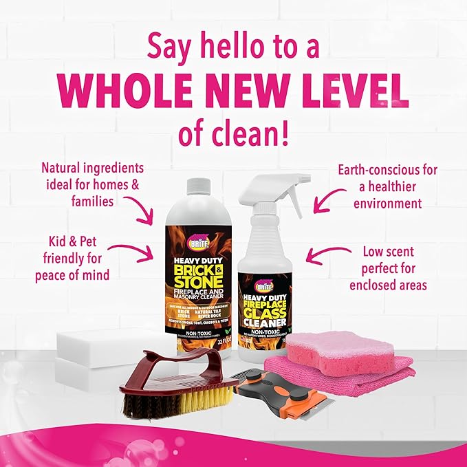 Quick 'n Brite Fireplace Cleaning Kit – Includes 16 oz Fireplace Glass Cleaner, 32 oz Gel Fireplace Cleaner, Scrub Brush, Sponge and Microfiber Towel