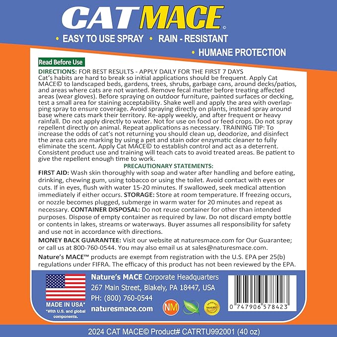 Nature's Mace Cat Mace Cat Repellent, Spray Deterrent for Urine Marking, Keep Cats Away for Outdoor & Indoor Use, Scratching, Flowerbeds, Yards, Pets, Garden, Plants, Ready-to-Use, 40 oz Spray