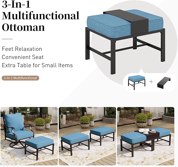 SUNSHINE VALLEY 6 Piece Metal Outdoor Patio Furniture Set with Firepit Table, Patio Conversation Set 1 3-seater Sofa, 2 Swivel Chair, 2 Ottoman with 5.75" Thick Cushion, Black Backyard Furniture, Navy