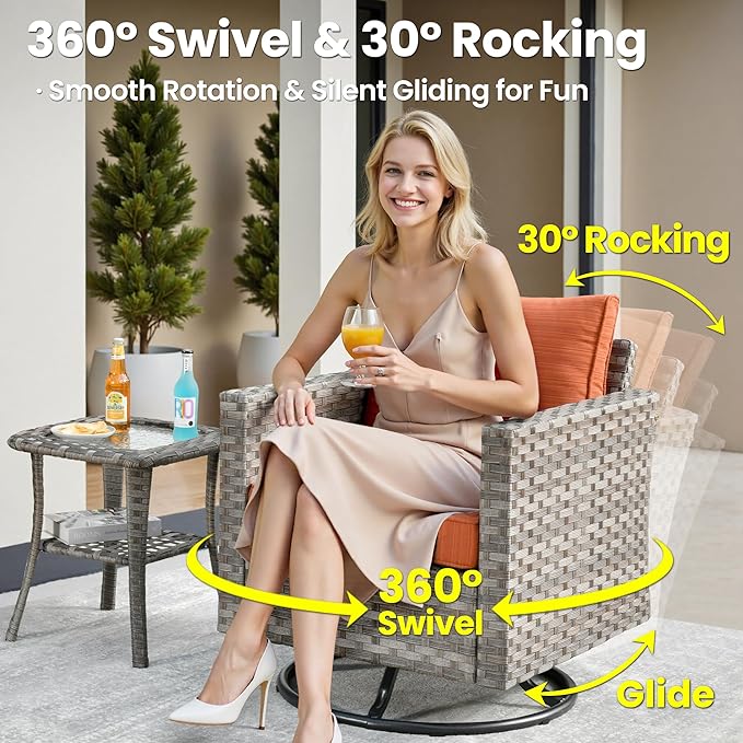 ovios 9 Pieces Patio Furniture Set, Outdoor Wicker Sectional Sofa with 42" Fire Pit Table Swivel Chair, Modern Modular Deep Seat Rattan Couch Conversation Sets, Orange Red