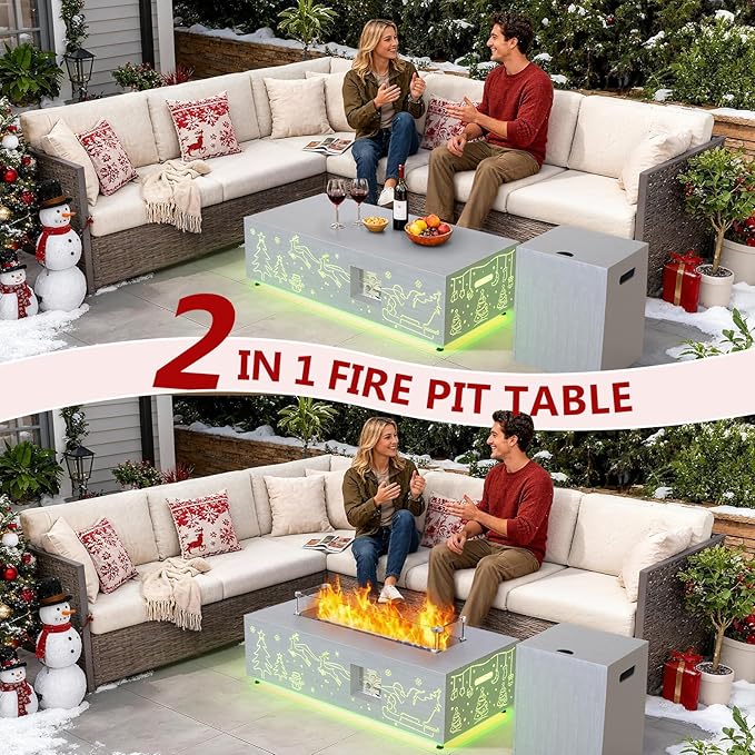 Dineli Propane Fire Pit Table 42 Inch Gas Fire Pits & Outdoor Fireplaces w LED, Tabletop Fire Pit Firepits for Outside Patio, 50,000 BTU (Light Gray, Christmas Pattern with RGB Light)