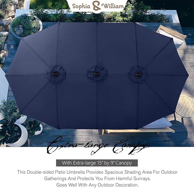 Sophia & William 15 ft Extra Large Patio Umbrella with Solar Lights, Rectangular Outdoor Umbrella with Base Included, Market Umbrella Double-sided Heavy Duty for Pool Garden Backyard, Navy Blue