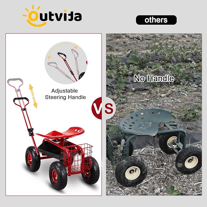 Outvita Garden Cart Rolling Workseat with Wheels, Gardening Stool with Adjustable 360 Degree Swivel Seat, Extendable Handle, Tool Tray & Storage Basket, Gardening Scooter for Yard, Planting, Red