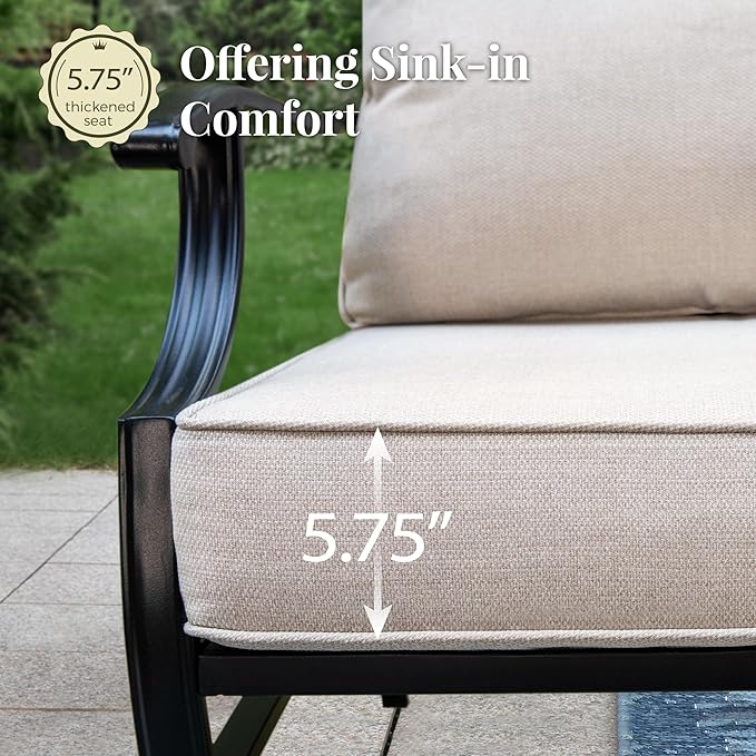 Patio Furniture Set with Fire Pit Table, 5 Pcs Metal Outdoor Conversation Set, 4 Single Chairs with 5.75" Extra Thick Cushion and 28" Fire Pit Table for Backyard Deck, Beige