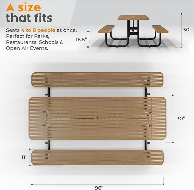 Commercial Heavy-Duty Metal Picnic Table - ADA Compliant, Adjustable Seats, Umbrella Hole (Brown, 8' Rectangular, Punched Steel)