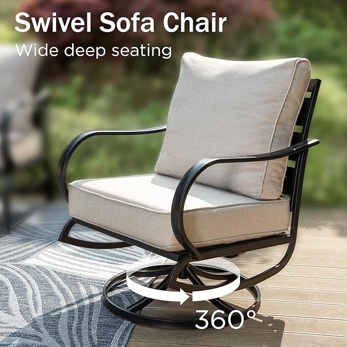 PHI VILLA Patio Furniture Chair Set for 2, Deluxe Outdoor Conversation Set with 2 Swivel Padded Sofa Chair, Full Metal with 5.8" Cushion for Deck, Lawn, Garden
