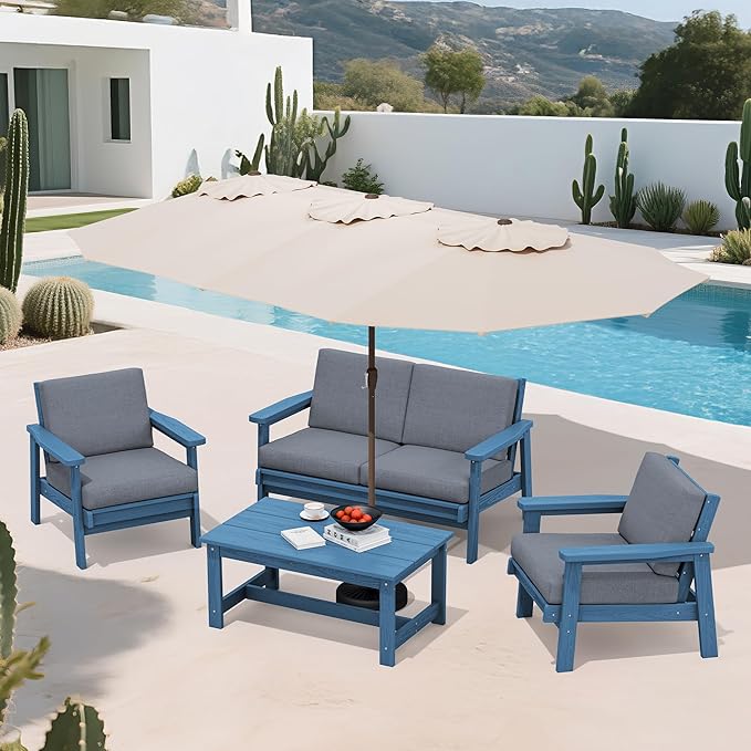 SERWALL HDPE Patio Furniture Set with 15FT Double Side Patio Umbrella, All Weather Wood-Like Outdoor Sofa Sectional Couch, Blue Patio Furniture with Grey Cushions