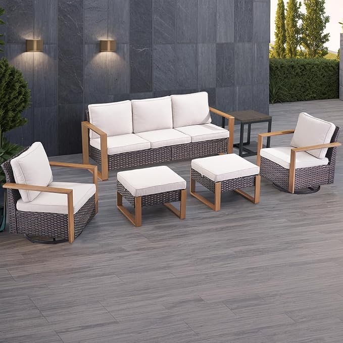 Rilyson Outdoor Wicker Patio Furniture Set - 6 Piece Patio Conversation Set with 2 Wicker Swivel Rocker Chairs,2 Rattan Ottoman,1 Side Table and 1 Couch,Thick Cushions,Deep Seating(Brown/Beige)