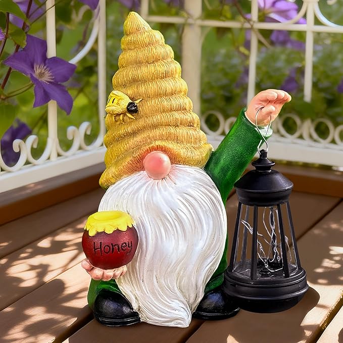 WONDHOME 12.3''Solar Garden Gnomes Outdoor Decor Honey Bee jar Gnome Statues with LED Lantern Xmas Patio Lawn Yard Art Decoration Birthday Christmas Gardening Gifts for Mom Dad, Bee Gnome