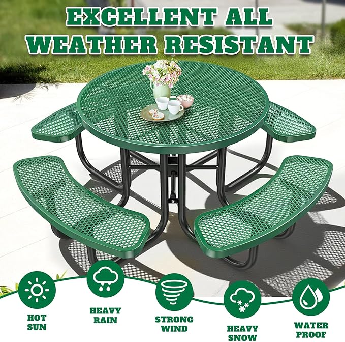 46" Round Top Outdoor Picnic Table Set for Up to 8 Persons, Outside Table Set with 4 Built-in Benches, Metal Commercial-Grade Dining Furniture with Umbrella Hole for Garden, Backyard, Porch, Green