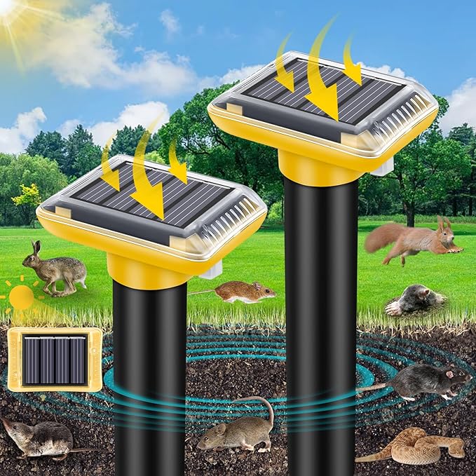 Mole Repellent Solar Powered,2025 Upgraded Gopher Repellent Ultrasonic Solar Powered,Vole Repeller Outdoor for Lawns Garden Yard,Gopher Trap Killer for Mole,Snake (Yellow,2 Pack)