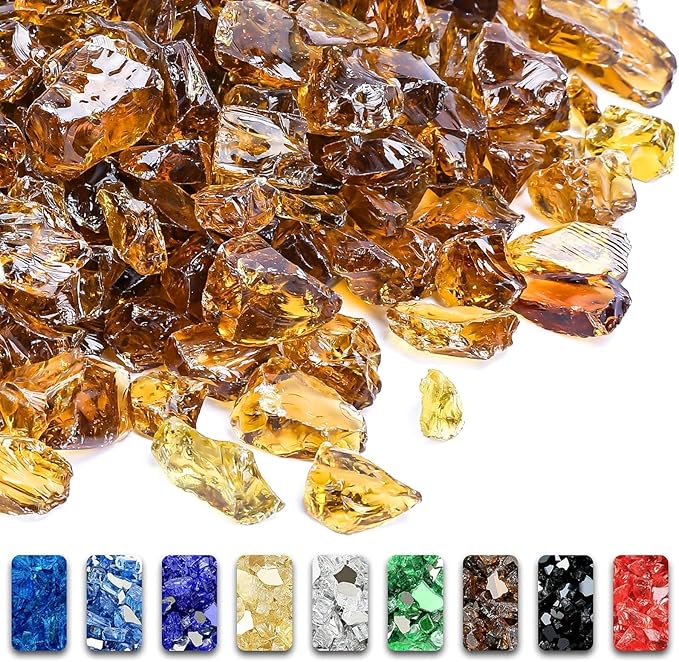 GRISUN Golden Amber Fire Glass for Fire Pit - 1/2 Inch 20 Pounds Tempered Glass Rocks for Natural or Propane Fireplace, Safe for Outdoors and Indoors Firepit Glass