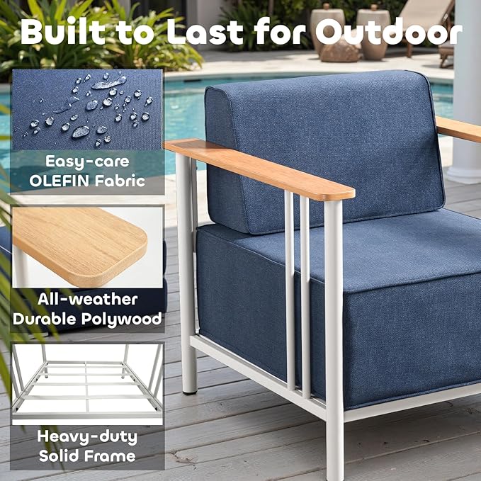 Luxury Patio Furniture Set with 10" Extra Thick Cushions, 8 PCS Outdoor Furniture Set with Patio Chairs & Couch & Coffee Table, Suitable for Porch, Balcony, Deck, Yard, Poolside, White/Blue