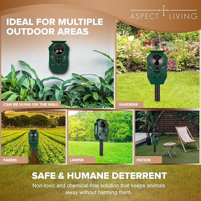 Solar Ultrasonic Animal Repeller Outdoor – Motion Sensor Activated Deer Repellent with Flashing Lights & Sound, IP65 Waterproof, Deterrent for Cats, Dogs, Raccoons, Skunks, Birds