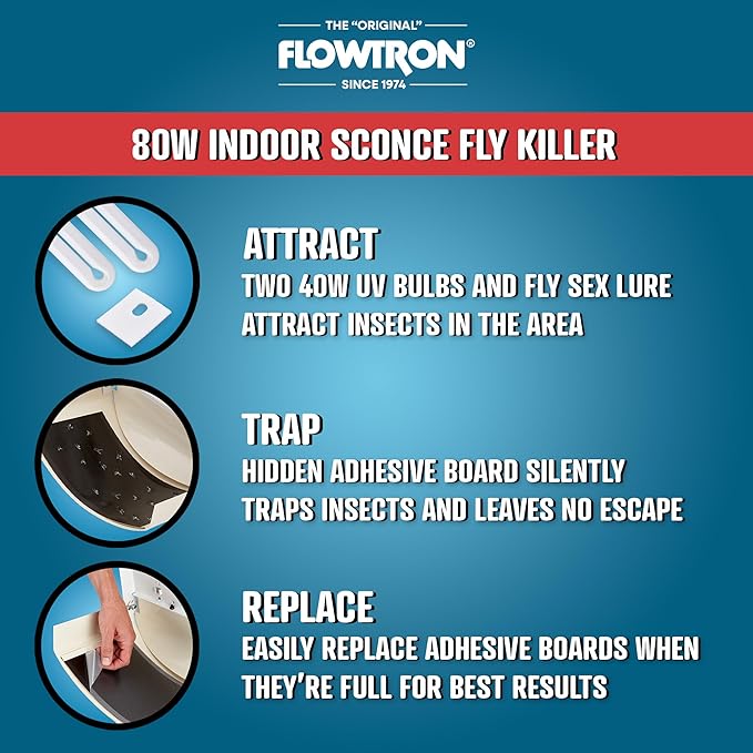 Flowtron Fly Trap Indoor Wall Sconce | Electric Insect Killer for Flies & Gnats with Dual Lure Method 80W UV Light & Pheromone Attractant | Sticky Strips, 1200 Sq Ft for House & Kitchen