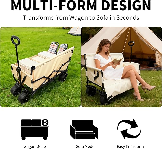 Collapsible Folding Wagon, Foldable Beach Wagon Cart with 300L Storage Collapsible 330LBS Folding Cart Adjustable Handle, Outdoor Utility Wagon for Groceries, Camping, Sports, Shopping(White)
