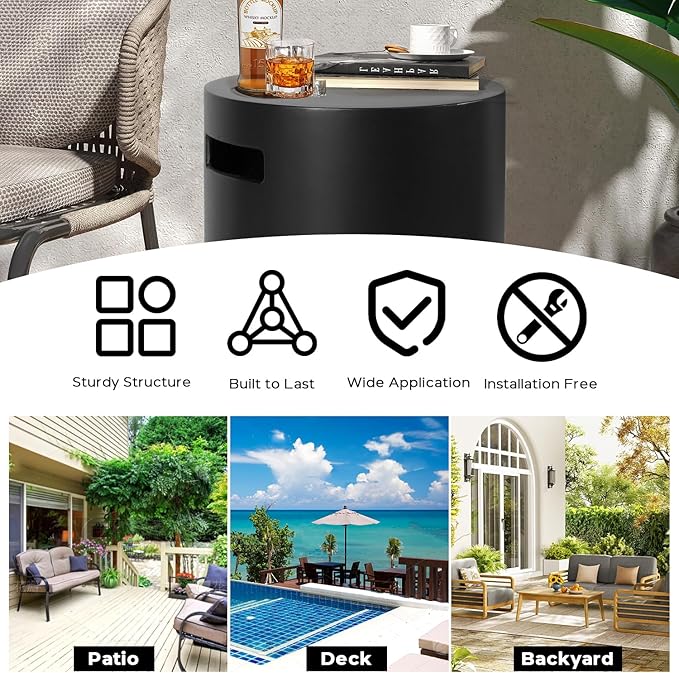 Propane Tank Cover Table Round, Outdoor Tank Covers Propane Storage Box 20 LB Modern Cover Tables with Side Handle, Concrete Hideaway Holder for Patio Backyard Deck (Black)