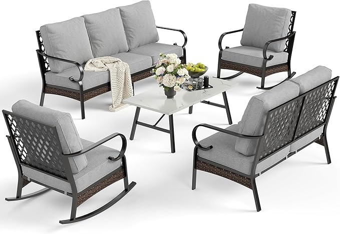 SUNSHINE VALLEY 5 Piece Metal Outdoor Patio Furniture Set, Patio Conversation Sets 3-Seater Sofa, 2-Seater Sofa, 2 Rocking Sofa with 5.75" Cushion & Coffee Table Black Backyard Furniture, Light Gray