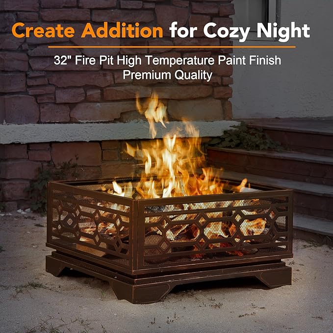 Outdoor Fire Pit, 32 Inch Wood Burning Firepit for Outside with Mesh Cover & Fire Poker, Large Square Metal Fireplace for Patio, Backyard, Garden, Bonfire Party