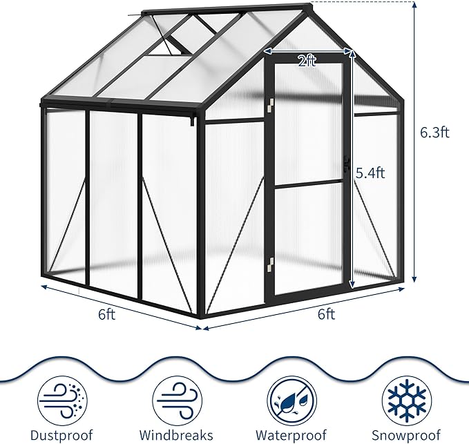 6×6 FT Greenhouse, Large Walk in Greenhouses for Outdoors and Garden Planting, Polycarbonate Greenhouse with Enhanced Aluminum Frame, Green Houses with Quick Setup Structure and Roof Vent, Black