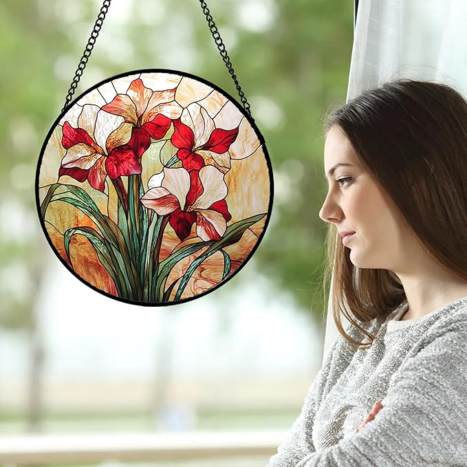 CRISGIF Stained Glass Window Hanging - Red Gladiolus Flower Suncatcher for Door Yard Sun Catchers Decor Christmas Mother's Day Birthday Gifts for Lovers Women Mom Nana Girlfriend Wife 9.8 in