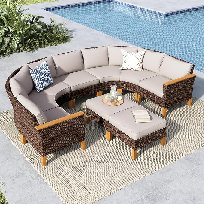 MFSTUDIO 9 Pieces Wicker Patio Furniture Set, All-Weather Rattan Outdoor Conversation Half-Moon Curved Sectional Sofa Set for Garden, 4 x Curved Sofa, 1 x Armless Couch, 2 x Ottomans, 2 x Corner Chair