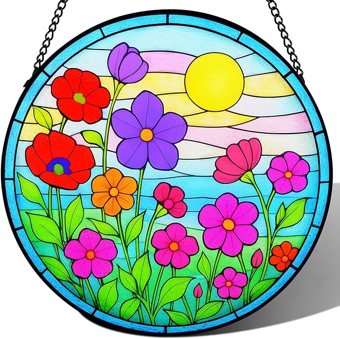 Stained Glass Window Hanging - Wildflowers Stain Glass for Indoor, Colorful Floral Suncatcher, Green Plant Decor for Balcony, Garden, Cottage,Birthday Gift for Women (12 Inch)