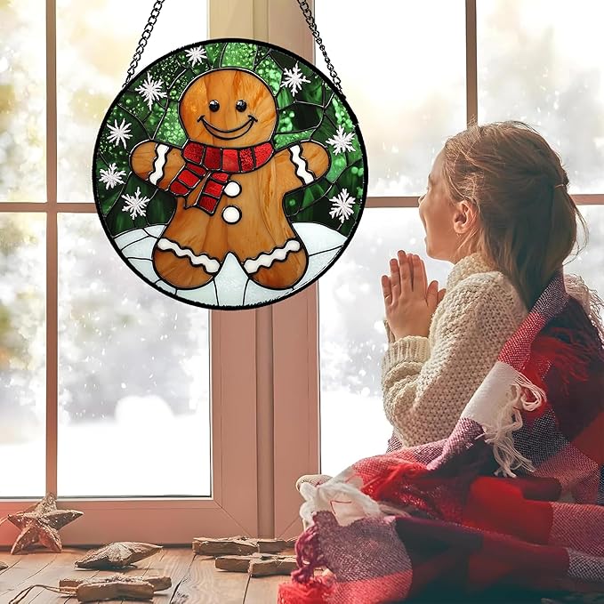 CRISGIF Stained Glass Window Hanging Cute Christmas Gingerbread Man Snowflake Large 15" - Suncatcher Door Garden Sun Catcher Home Decor Birthday for Mom Men Woman Nana Friend