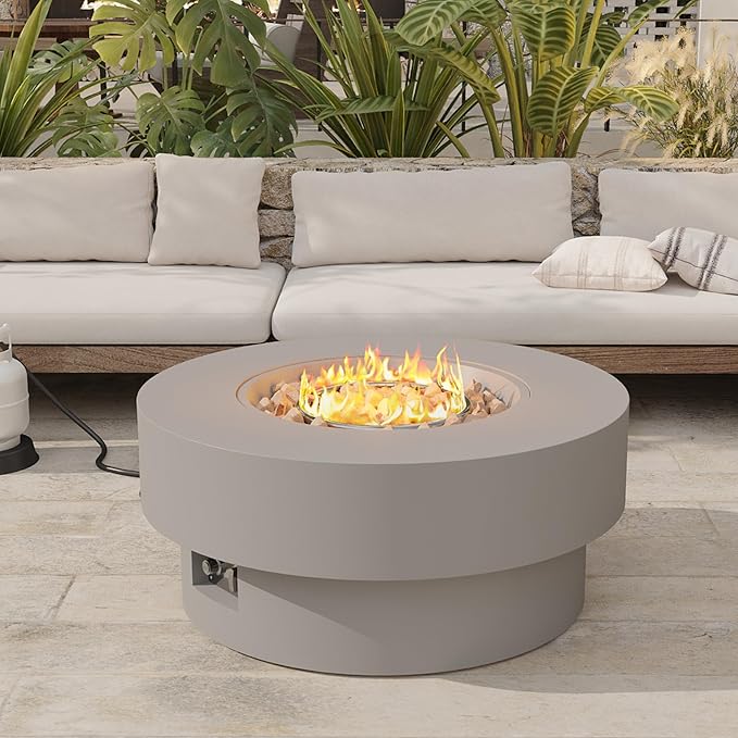 32 inch Outdoor Propane Fire Table, Round Patio Fire Pit Table, 50,000 BTU Gas FirePit with Lid, Cover, Lava Rocks, CSA Certified, Grey
