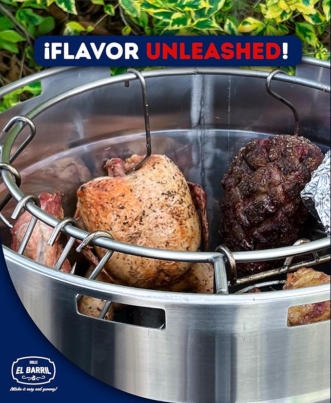 El Barril Lite Medium Barrel Smoker Grill, Stainless Steel 430, Meat Hooks, Upper Grill and Handler, Portable Charcoal BBQ (Lite 60LBS Extra Large)