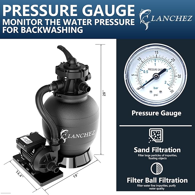 LANCHEZ 12" Sand Filter Pump for Above Ground Pool, 1/3 HP Pool Pump, Max 2400 GPH for Pools Up to 7,000 GAL, 6-Way Valve Pool Sand Filter System