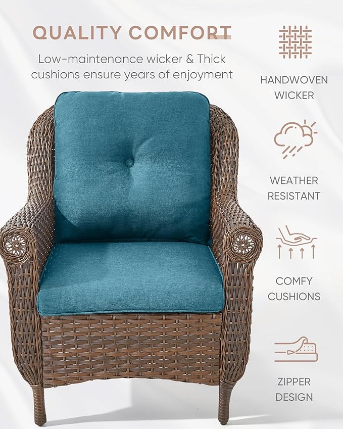 Outdoor Patio Chairs with Fire Pit Table 5 Piece Set - High Back Brown Wicker Rattan Lawn Chair with Thick Cushion for Porch Apartment Deck Yard Poolside Garden - Peacock Blue