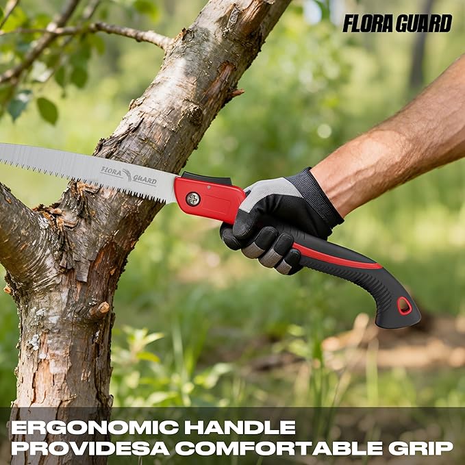 FLORA GUARD Folding Pruning Saw, 10-Inch Folding Hand Heavy Duty Saw with Multi-Level Razer Teeth for Camping, Tree Trimming, Wood Cutting, Gardening Tools (Red-10")