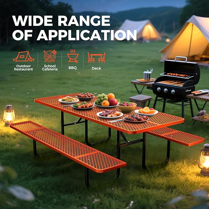 Rueekfil 72" Coated Picnic Table with Umbrella Hole, Heavy Duty Commercial Picnic Table for Outdoors, Family & Party Ready for School Camping, Rectangular, Orange