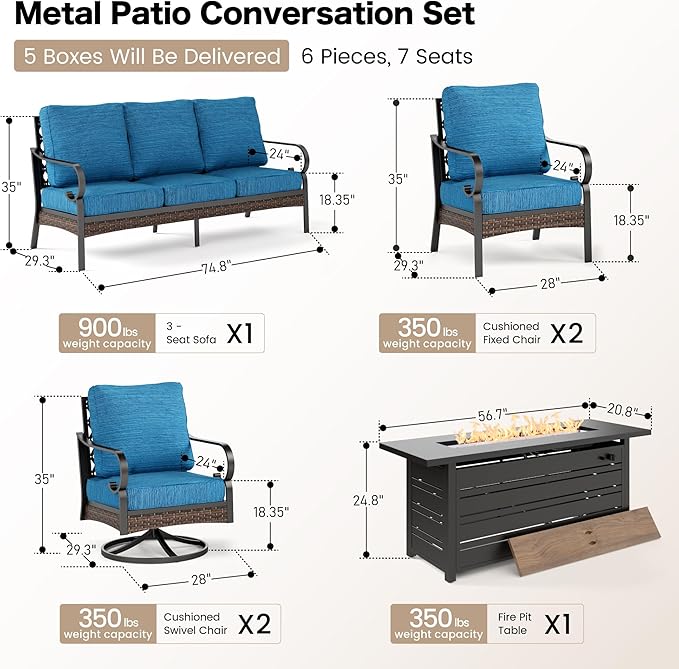 SUNSHINE VALLEY 6 Piece Black Metal Outdoor Patio Furniture Sets with Firepit Table, Patio Conversation Sets 1 3-Seater Sofa, 2 Leg Sofa and 2 Swivel Chair with 5.75" Cushion for Backyard Deck, Blue-2
