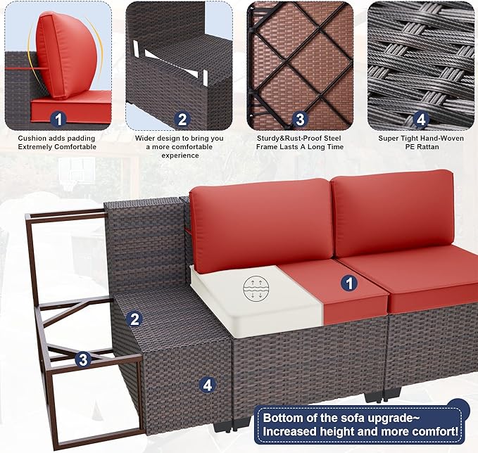 Kurapika 13 Pieces Patio Furniture Set, Rattan Wicker Outdoor Conversation Sets w/43in Propane Fire Pit Table and 4 Inch Cushion(Red)